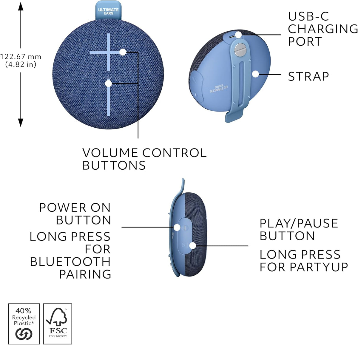 Ultimate Ears MINIROLL Altavoz Bluetooth ultra portátil impermeable...
