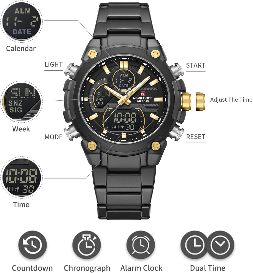 NAVIFORCE Relojes digitales multifunción, reloj analógico impermeable 3ATM para hombres, reloj de pulsera de lujo luminoso, regalo