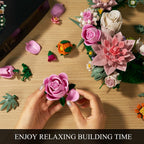 Juego de construcción de flores de luna rosa, ramo de rosas de dalia colección botánica, bloque de construcción, compatible con flores de Lego para decoración de pared del hogar, regalos para más de