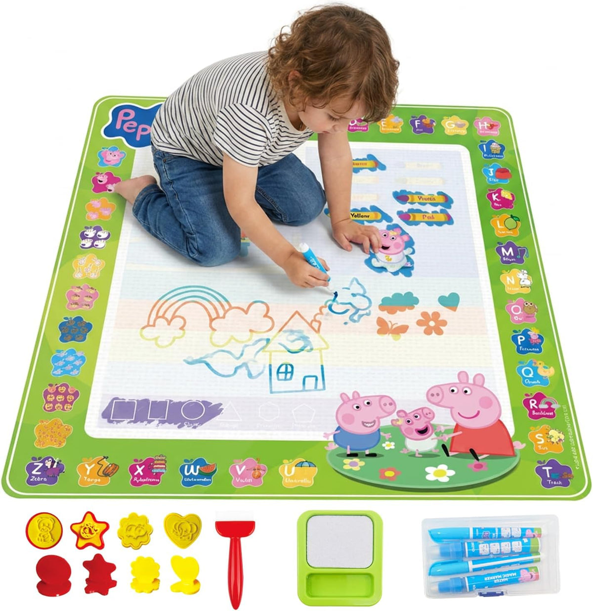 Evie Pig Water Doodle Mat 39.4 x 39.4 in, sin desorden Aqua Magic tapete de dibujo sin pantalla, creativo ABC y 123 a partir de 3 años