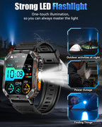Military Smarty Watch para Hombres, Reloj Inteligente de 2.01" con Batería de 1200mAh, Linterna, Llamadas Entrantes/Salientes, Monitor de Ritmo Cardíaco/Sueño, 100+ Modos Deportivos, Fitness Tracker para Android/iPhone