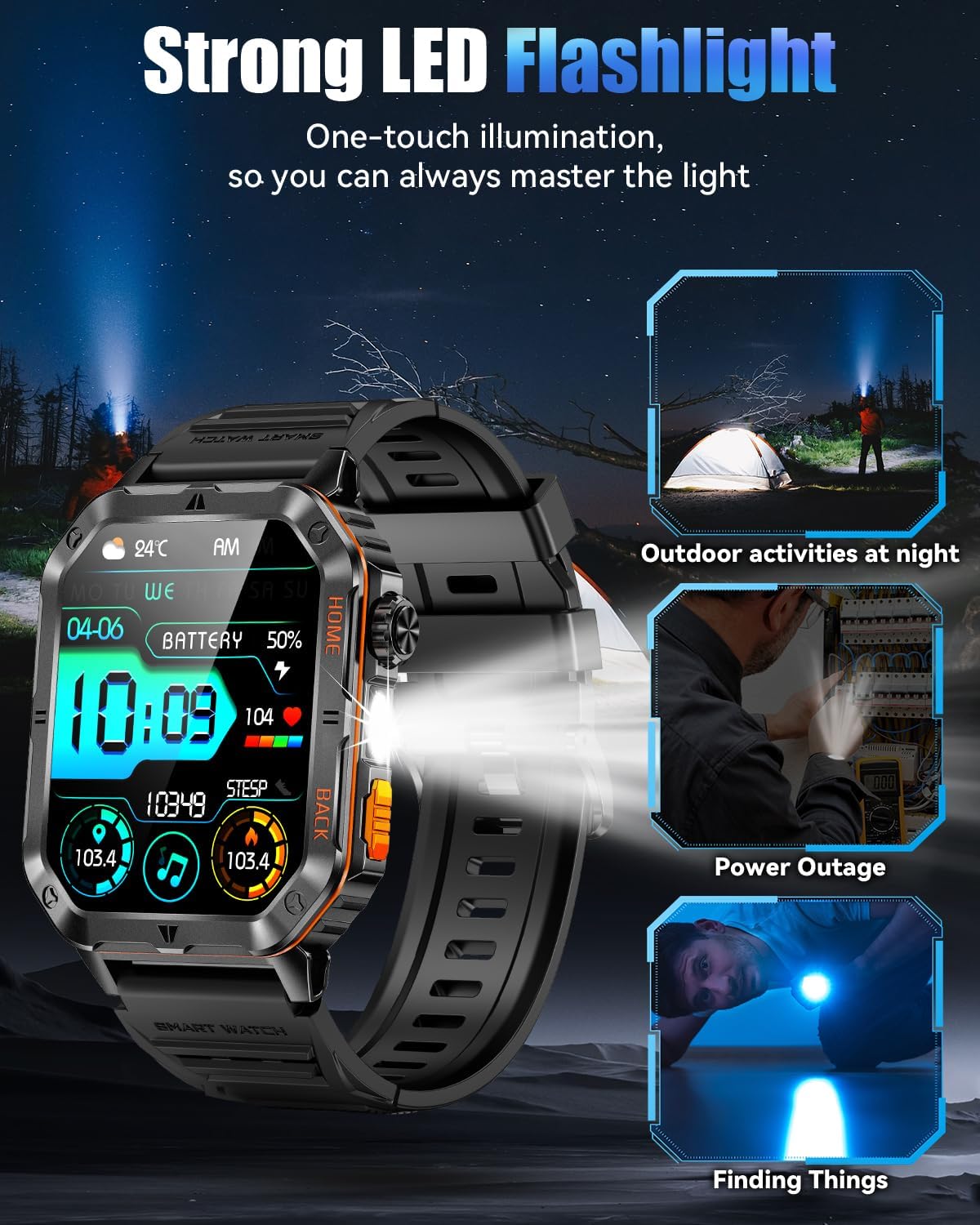 Military Smarty Watch para Hombres, Reloj Inteligente de 2.01" con Batería de 1200mAh, Linterna, Llamadas Entrantes/Salientes, Monitor de Ritmo Cardíaco/Sueño, 100+ Modos Deportivos, Fitness Tracker para Android/iPhone