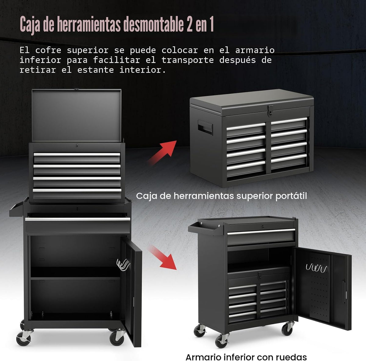 Goplus Caja de herramientas con 5 cajones, gabinete de herramientas rodante con parte superior desmontable, ruedas bloqueables universales, barra de bloqueo, forro protector y estante para