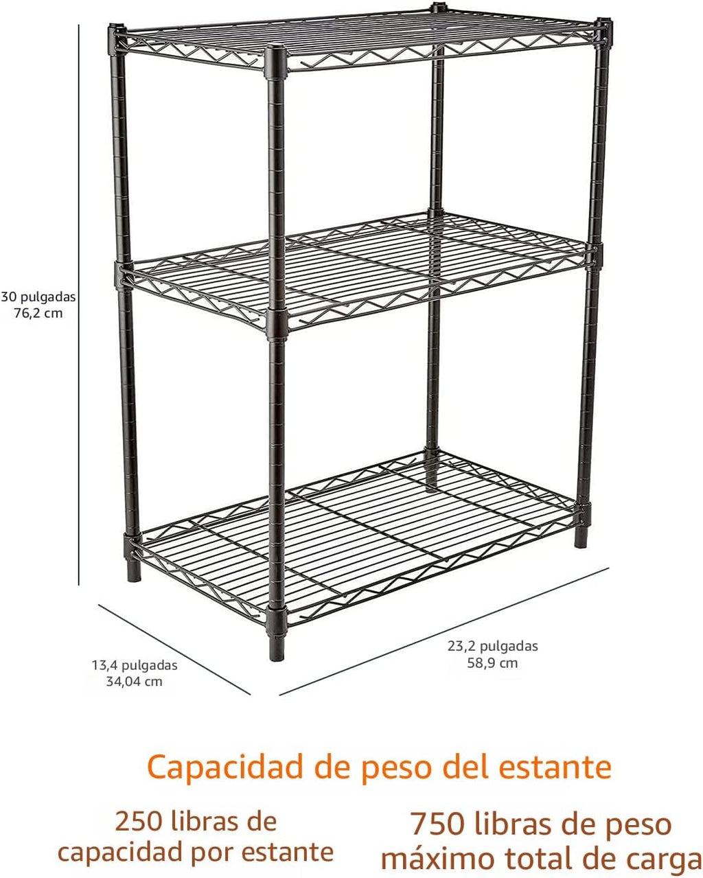 Amazon Basics 3-estante ajustable, unidad de almacenamiento de alta resistencia (capacidad de carga de 250 lbs por estante), rack de alambre organizador de acero, negro (23.3L x 13.4W x 30H)