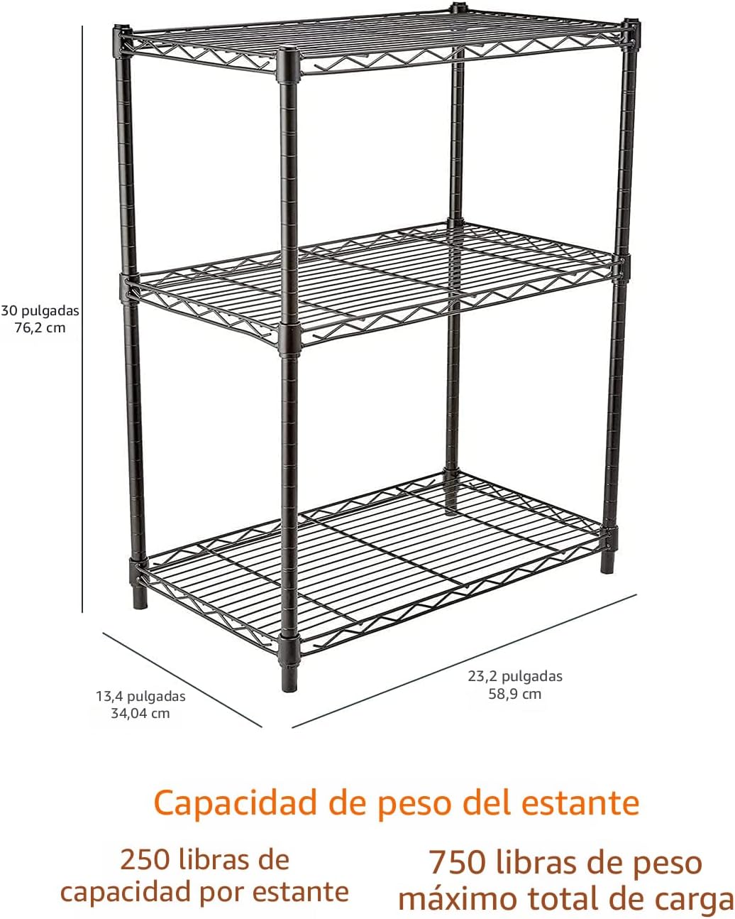Amazon Basics 3-estante ajustable, unidad de almacenamiento de alta resistencia (capacidad de carga de 250 lbs por estante), rack de alambre organizador de acero, negro (23.3L x 13.4W x 30H)