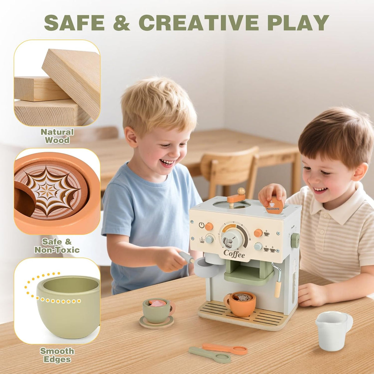 Cafetera de juguete, accesorios de cocina de madera para niños
