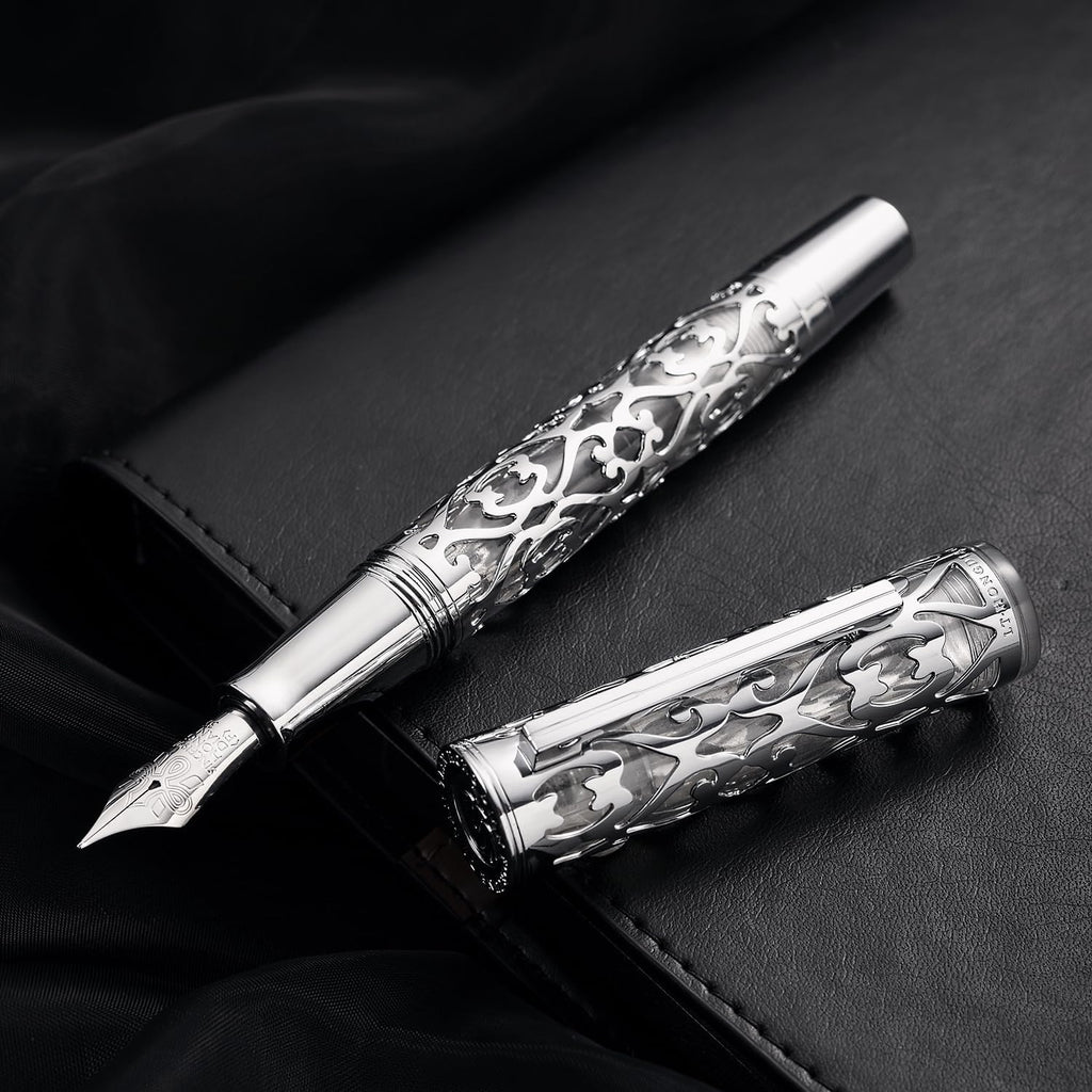 HONG DIAN D1 Pluma estilográfica Piston Fine Nib, esqueleto hueco & resina con estuche metálico (Plata)