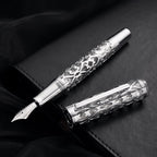 HONG DIAN D1 Pluma estilográfica Piston Fine Nib, esqueleto hueco & resina con estuche metálico (Plata)