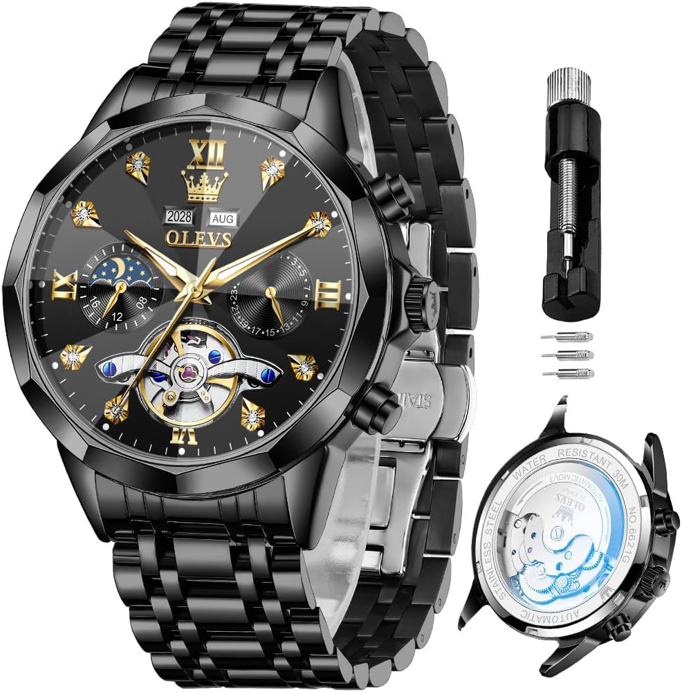 OLEVS Relojes de Hombre Esqueleto Automático Lujo de Negocios Diamante Autoentregado (Self Winding) Reloj de Pulsera de Acero Inoxidable con Calendario
