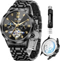 OLEVS Relojes de Hombre Esqueleto Automático Lujo de Negocios Diamante Autoentregado (Self Winding) Reloj de Pulsera de Acero Inoxidable con Calendario