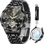 OLEVS Relojes de Hombre Esqueleto Automático Lujo de Negocios Diamante Autoentregado (Self Winding) Reloj de Pulsera de Acero Inoxidable con Calendario
