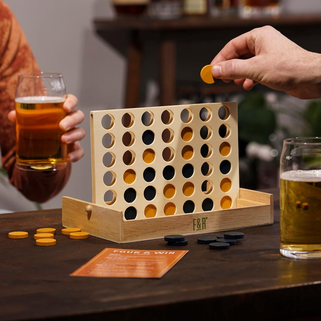 Foster & Rye Four and Win - Juego de mesa clásico, juegos para 2 jugadores, diseño vintage de madera - Juego de mesa de sobremesa