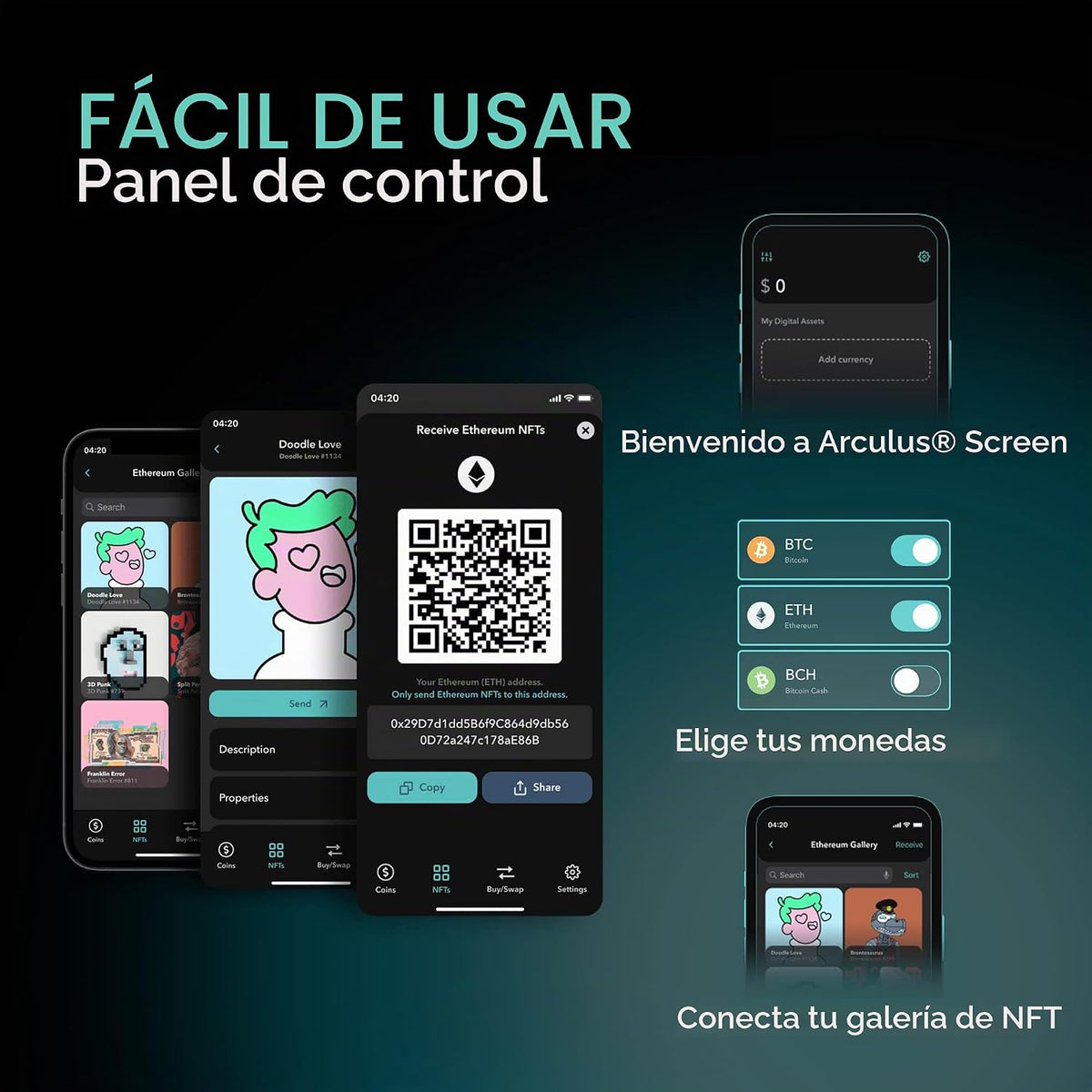 Arculus® Cartera de almacenamiento en frío criptográfico, billetera segura de Bitcoin, billetera de hardware criptográfico para NFT, Ethereum, Bitcoin, Cardano y otras criptomonedas, billetera criptográfica de autenticación de 3 factores, color plateado
