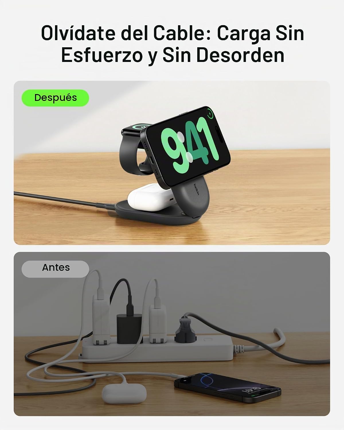 Belkin Qi2.2 25W Estación de Carga Inalámbrica 3 en 1 Plegable de Carga Rápida para iPhone