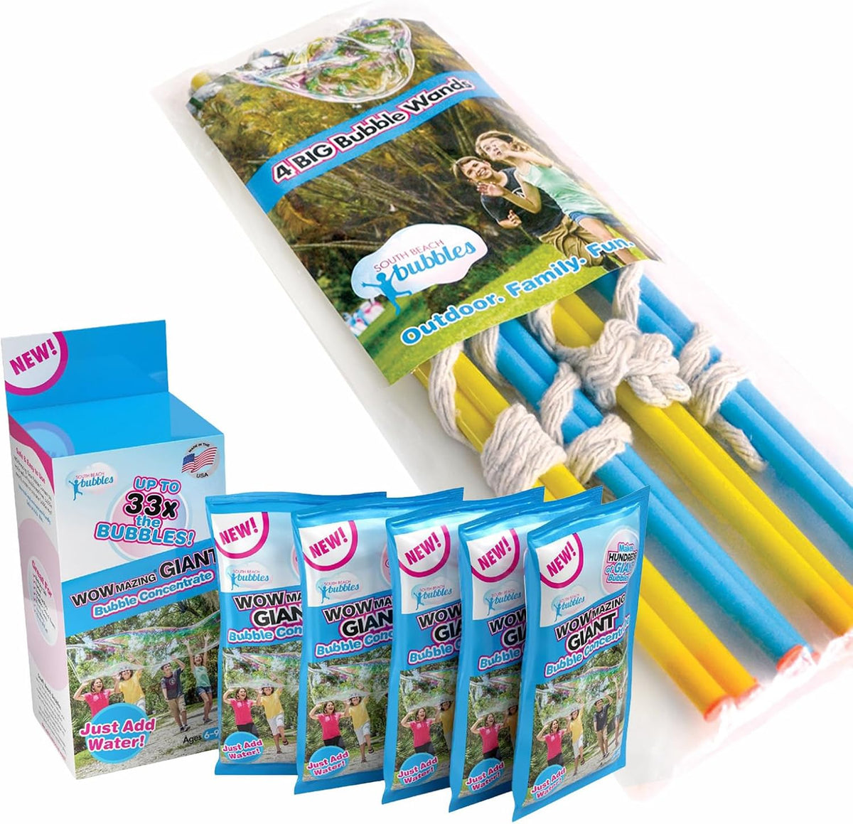 Paquete de 5 varitas de burbujas grandes y bolsas de concentrado de burbujas gigantes WOWMAZING | Solo tienes que añadir agua | Burbujas fabricadas en Estados Unidos | No tóxico, seguro y natural |