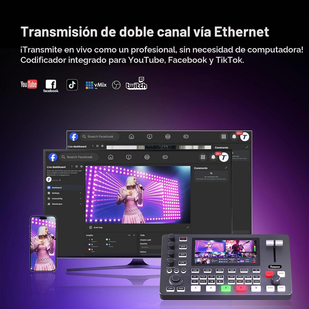 Tenveo - Mezclador de conmutador de video HDMI 4K60FPS, 4 entradas SDI y 4 HDMI, conmutador de transmisión en vivo de 5 canales, pantalla FHD de 5.5 pulgadas, salida 1080P60FPS, grabación USB/SD