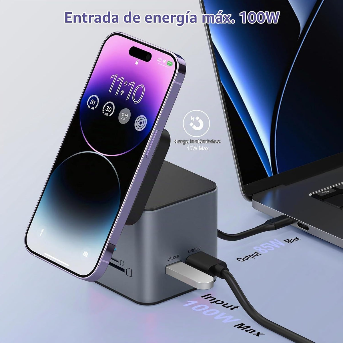 Estación de acoplamiento USB C para laptop, concentrador 9 en 1 con
