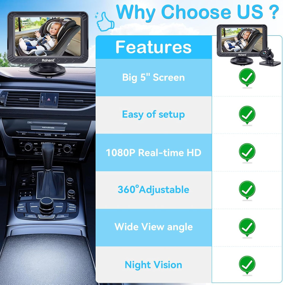 Rohent Cámara de coche para bebé, 5 pulgadas HD 1080P, visión noctu...