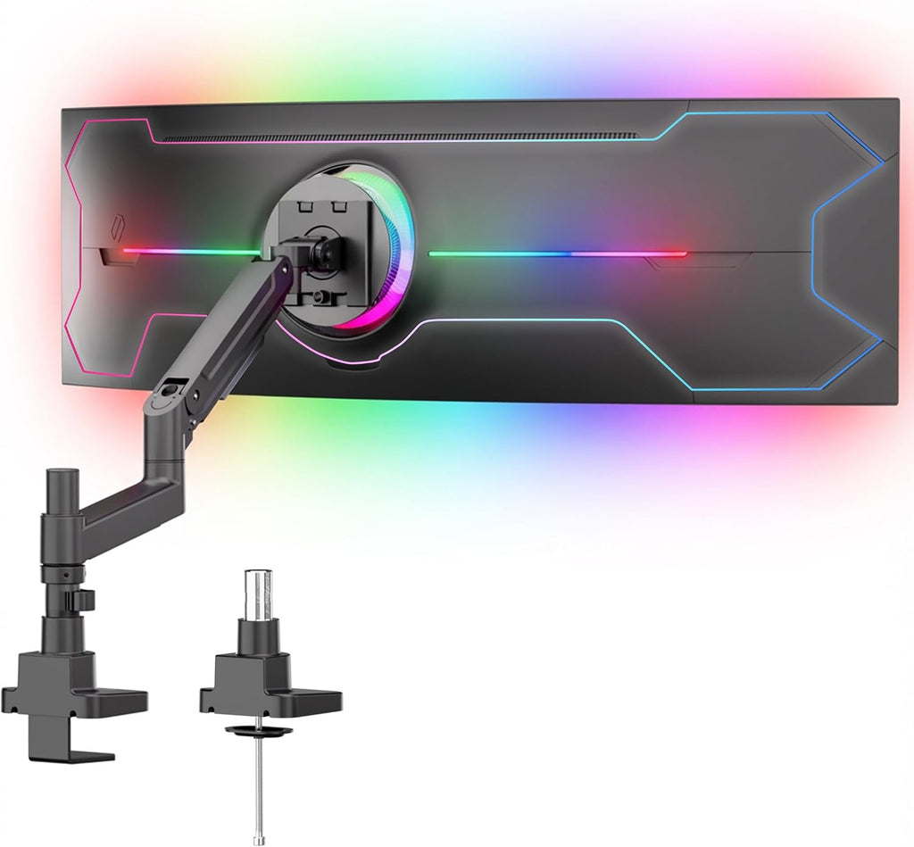 Mount-It! Soporte de escritorio para monitor ultraancho con poste, se adapta a pantallas de 17 a 49 pulgadas, brazo de resorte de gas ajustable en altura resistente, capacidad de 44 libras, movimiento