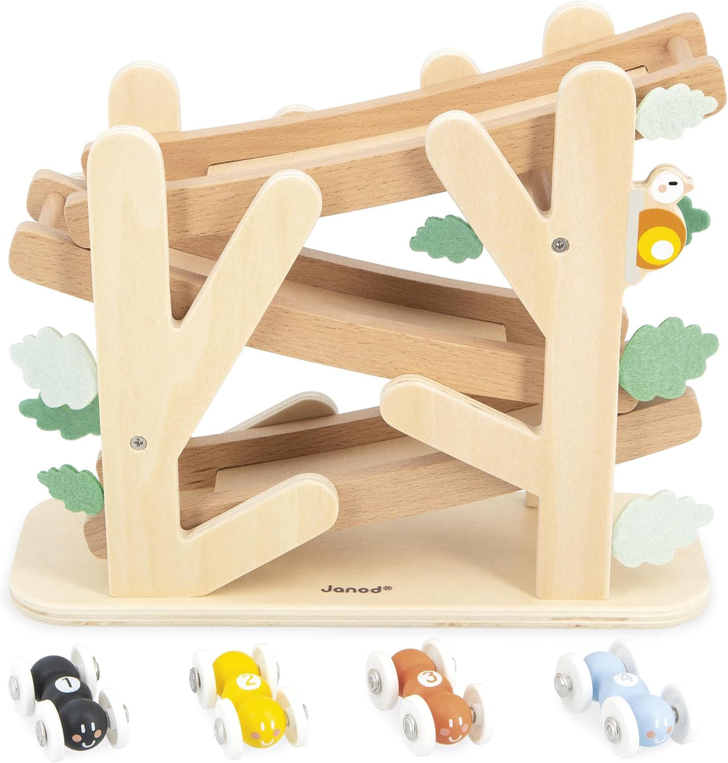 Janod - Tobogán de madera de 3 niveles - Tobogán de hormigas con 4 autos incluidos - Juguete de aprendizaje temprano y primera infancia - Entrenamiento de habilidades motoras finas - a partir de 1 año