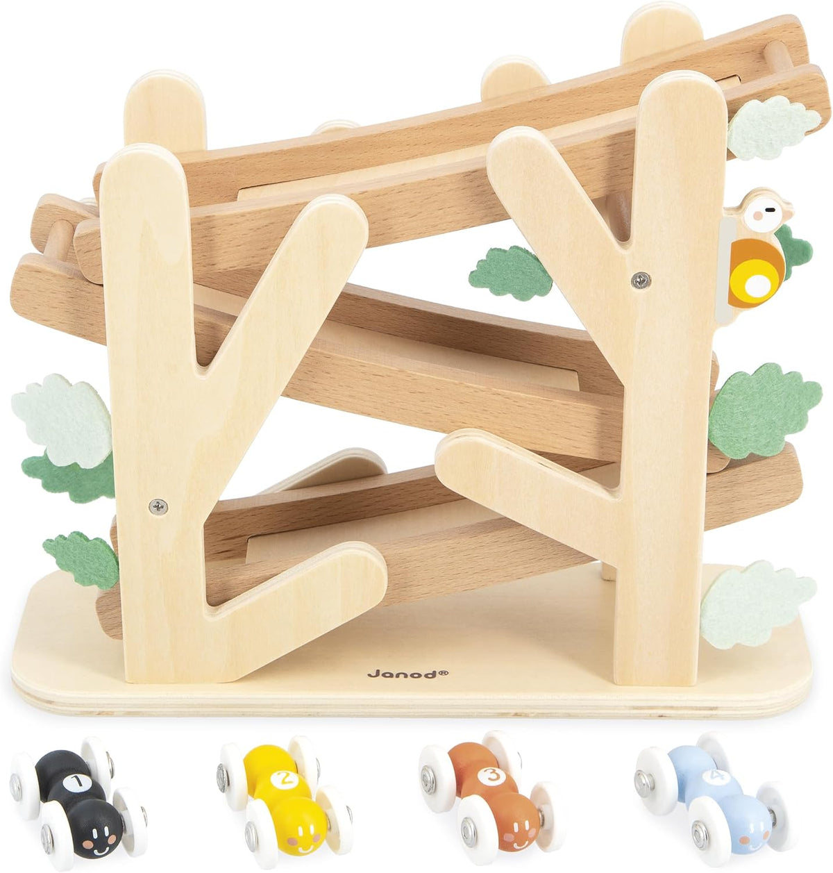 Janod - Tobogán de madera de 3 niveles - Tobogán de hormigas con 4 autos incluidos - Juguete de aprendizaje temprano y primera infancia - Entrenamiento de habilidades motoras finas - a partir de 1 año
