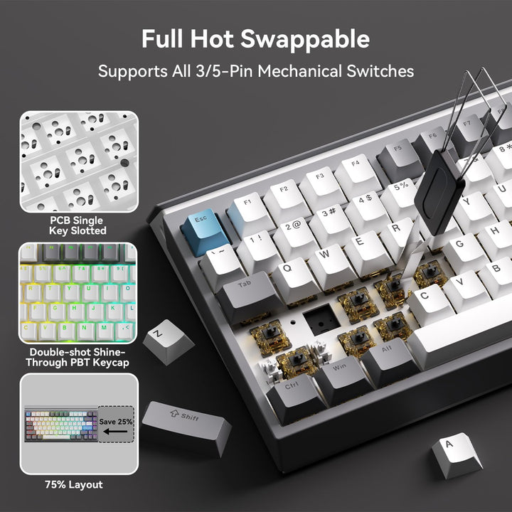 Teclado mecánico inalámbrico AUSDOM U75, teclado para juegos 75% cr...