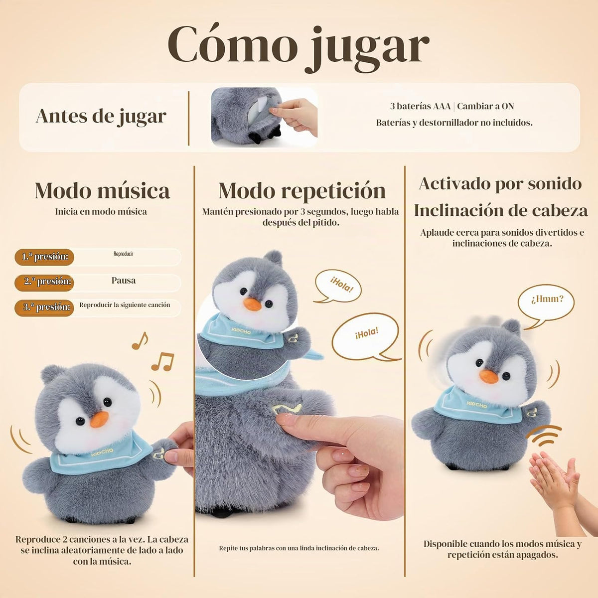 Juguete de la felpa del pingüino, 10" juguete musical interactivo