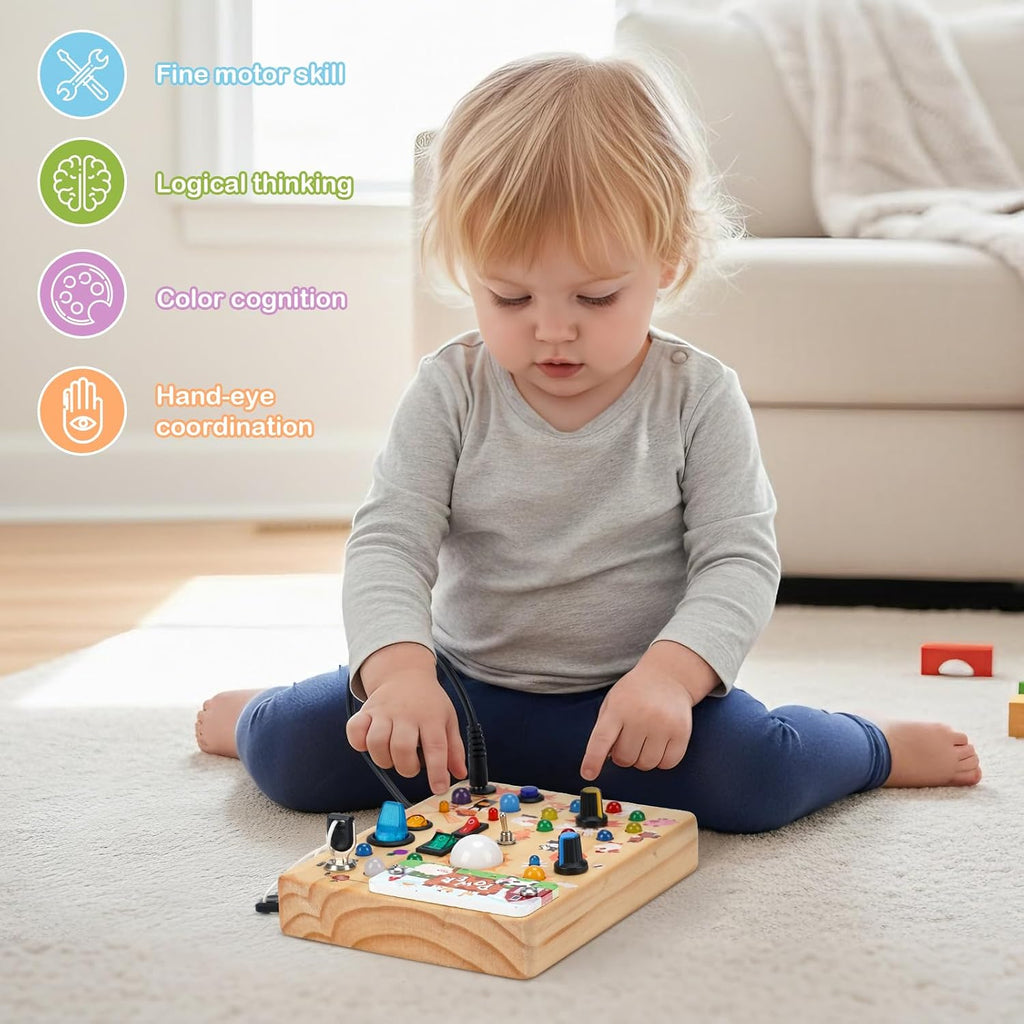 Sanlebi Tablero LED ocupado para niños pequeños de 1 a 3 años, juguete Montessori con interruptor de llave, tablero sensorial de actividad de madera iluminado para habilidades motoras finas, juguete educativo de viaje, regalo para niños y niñas de 1, 2, 3