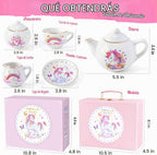 TUZT Juego de fiesta de té de porcelana para niñas pequeñas, juego de té de unicornio de 13 piezas, tetera, taza, platillo y maleta, juego de cocina de juguetes de simulación, regalo de cumpleaños de