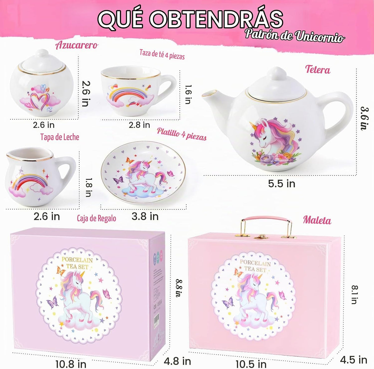 TUZT Juego de fiesta de té de porcelana para niñas pequeñas, juego de té de unicornio de 13 piezas, tetera, taza, platillo y maleta, juego de cocina de juguetes de simulación, regalo de cumpleaños de
