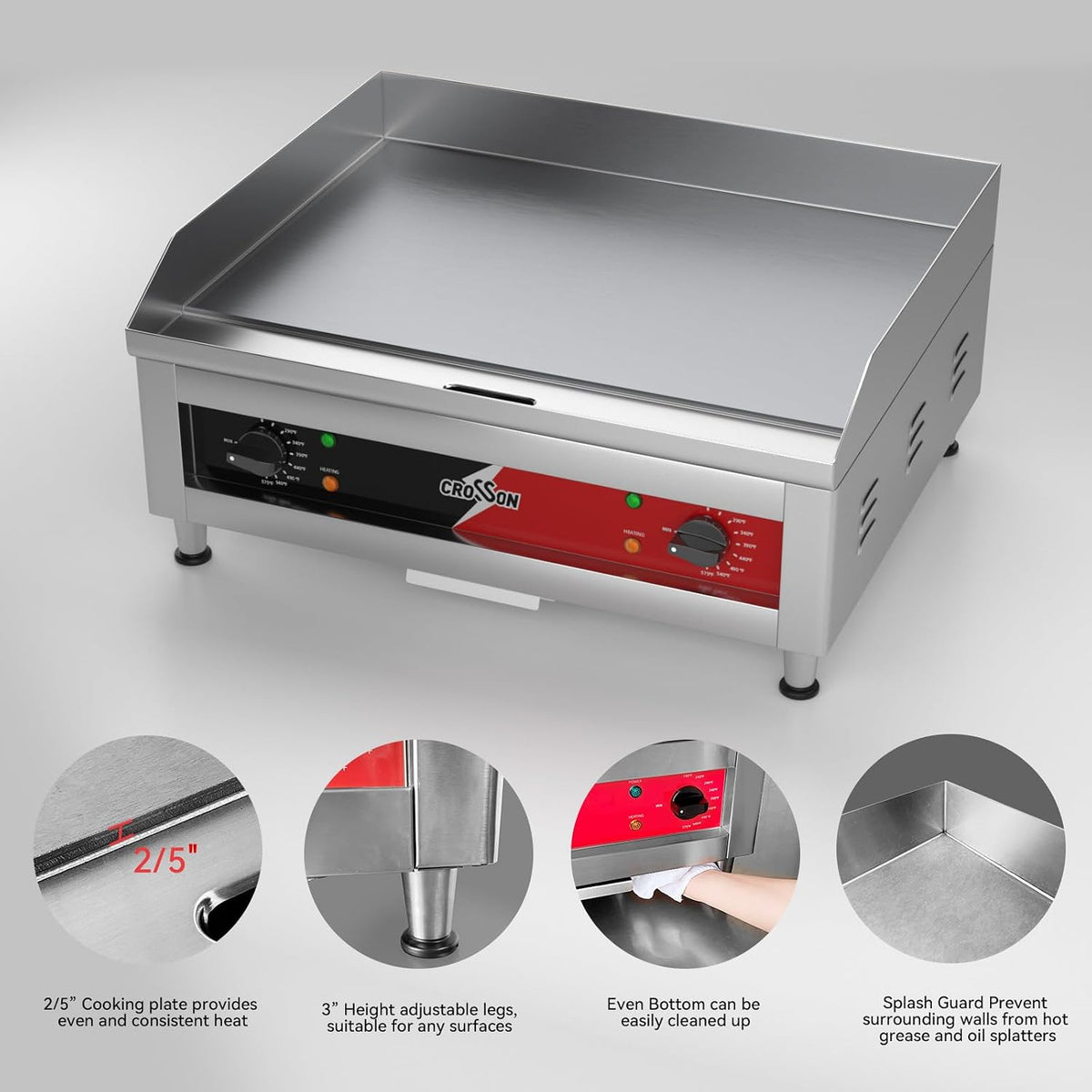 Plancha eléctrica comercial de encimera de 24 x 16 pulgadas, con certificación ETL, plancha de alta resistencia con placa de cocción de hierro antiadherente de 2/5 pulgadas de grosor para uso en restaurantes, 120 V/3500 W, bonos de espátula