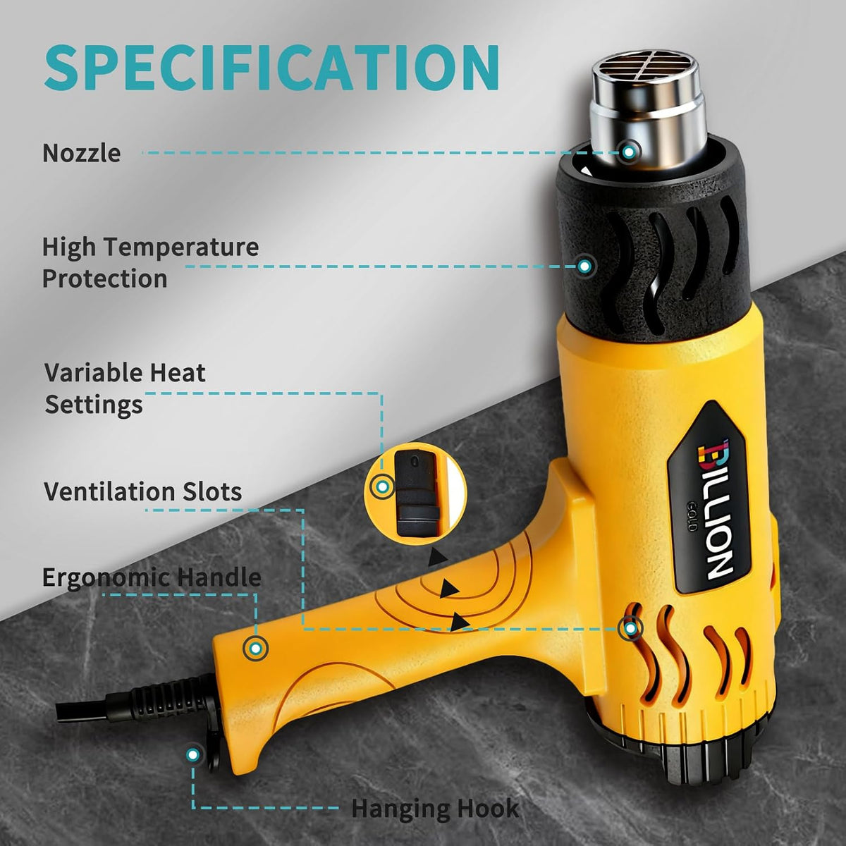 Pistola de calor de 1800 W, pistola de aire caliente de 100 ℉