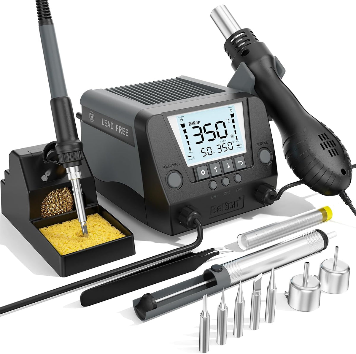 BAKON 882 - Estación de soldadura digital 2 en 1 de retrabajo de aire caliente con 3 canales preestablecidos, soldadura automática de sueño, conversión °C/°F, cable de soldadura, puntas, pinzas