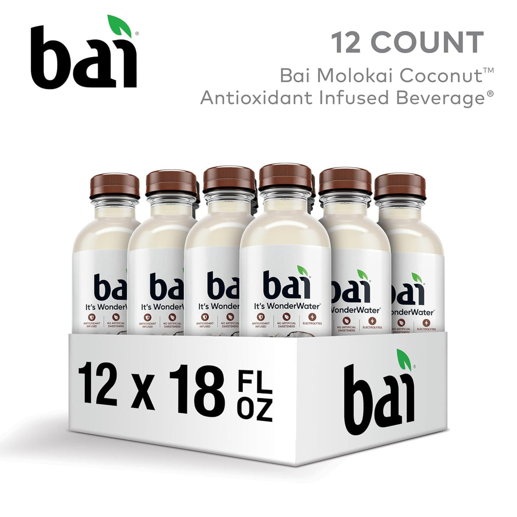 Bai Bebida de agua con infusión antioxidante, coco Molokai, con vitamina C y sin edulcorantes artificiales, botella de 18 onzas líquidas, paquete de 12
