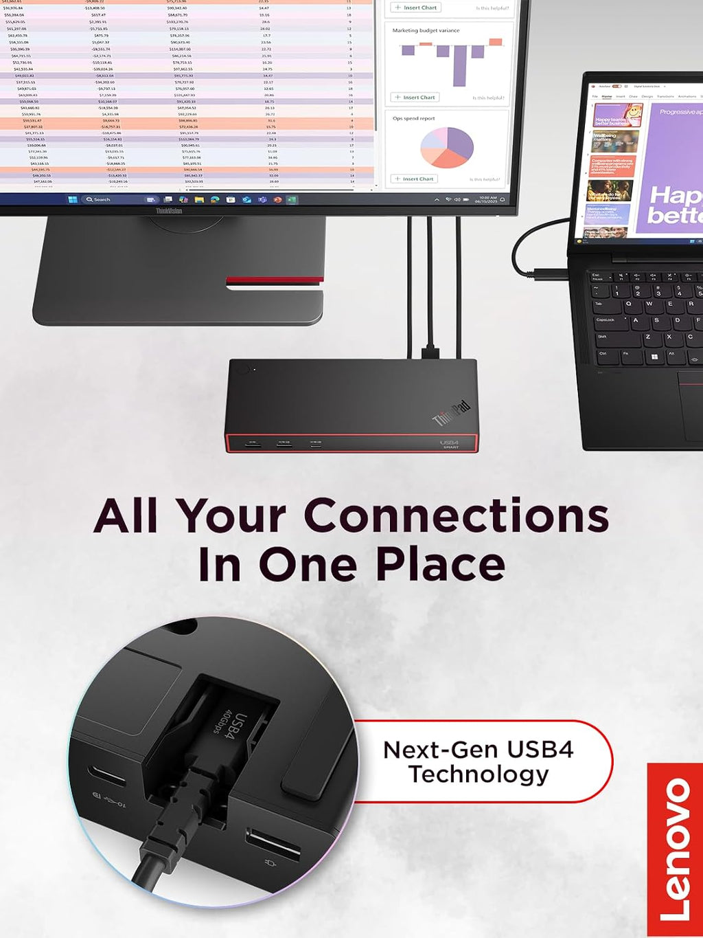 Lenovo ThinkPad USB 4 Smart Dock 5500 con adaptador de 135 W, soporta hasta 4 pantallas, alimentación de 100 W a laptop, cable USB 4 integrado, negro Eclipse