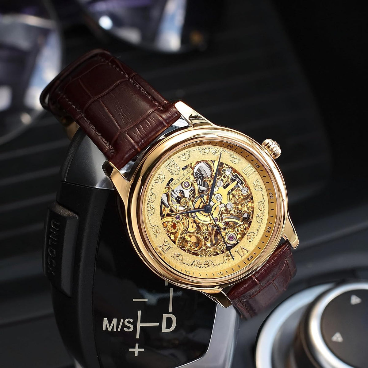 ROCOSJEWE R0106 Reloj Automático para Hombres – Esqueleto de Dial en Oro de Lujo, Reloj Mecánico de Gran Reserva Automático, Reloj de Moda para Hombre, Reloj con Correa de Cuero Negra/Marrón, Resistente al Agua, Regalo para Hombres