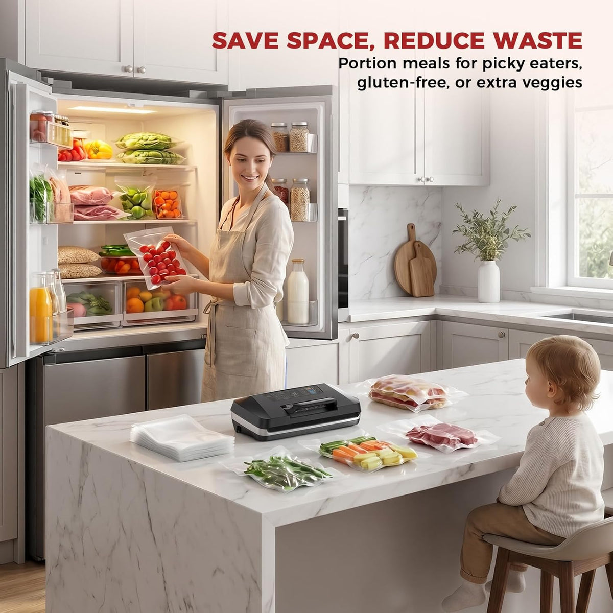 Máquina Selladora al Vacío, 230W 95KPa Sellado de Alimentos con Cortador Integrado y Almacenamiento de Bolsas
