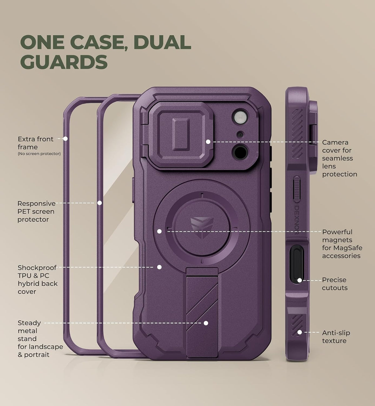 Dexnor Funda para teléfono Pro 2026/2025, [2 marcos frontales, funda para cámara abatible integrada y soporte integrados], compatible con MagSafe, funda resistente a prueba de golpes con protector de