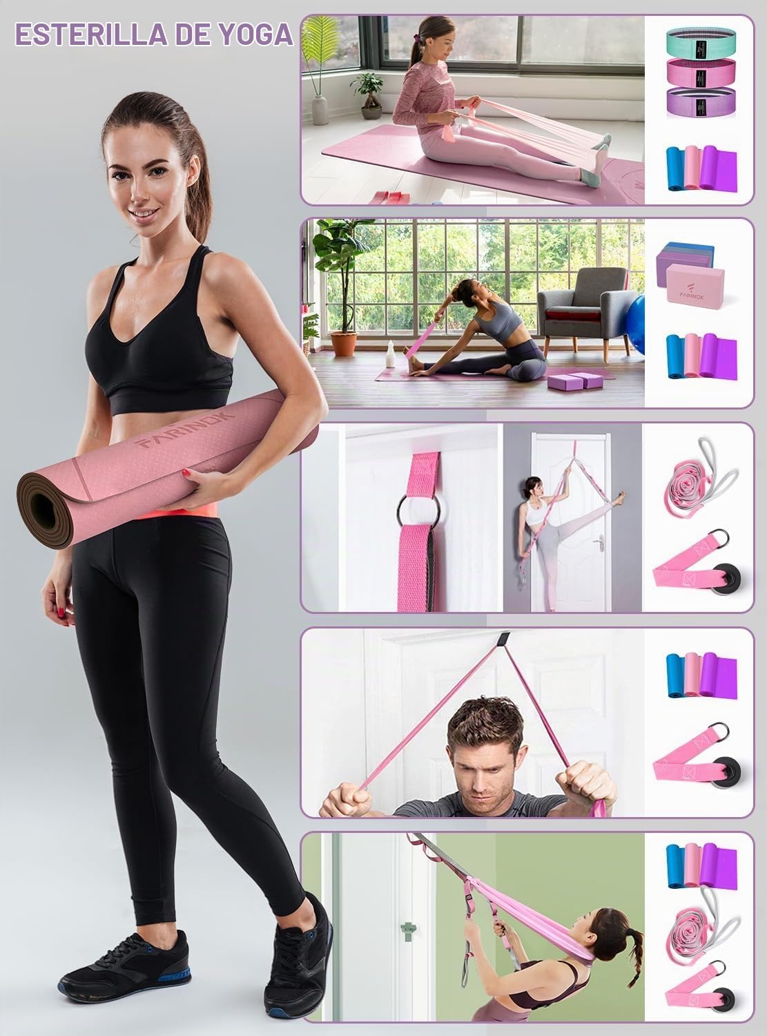 Esterilla de yoga de 1/3 pulgadas de grosor, juego de yoga para principiantes incluye esterilla de alta densidad con correa de múltiples asas, bloques, juego de banda de resistencia para glúteos
