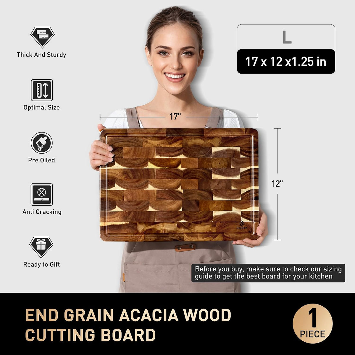 Tabla de cortar de madera de acacia con base antideslizante para cocina