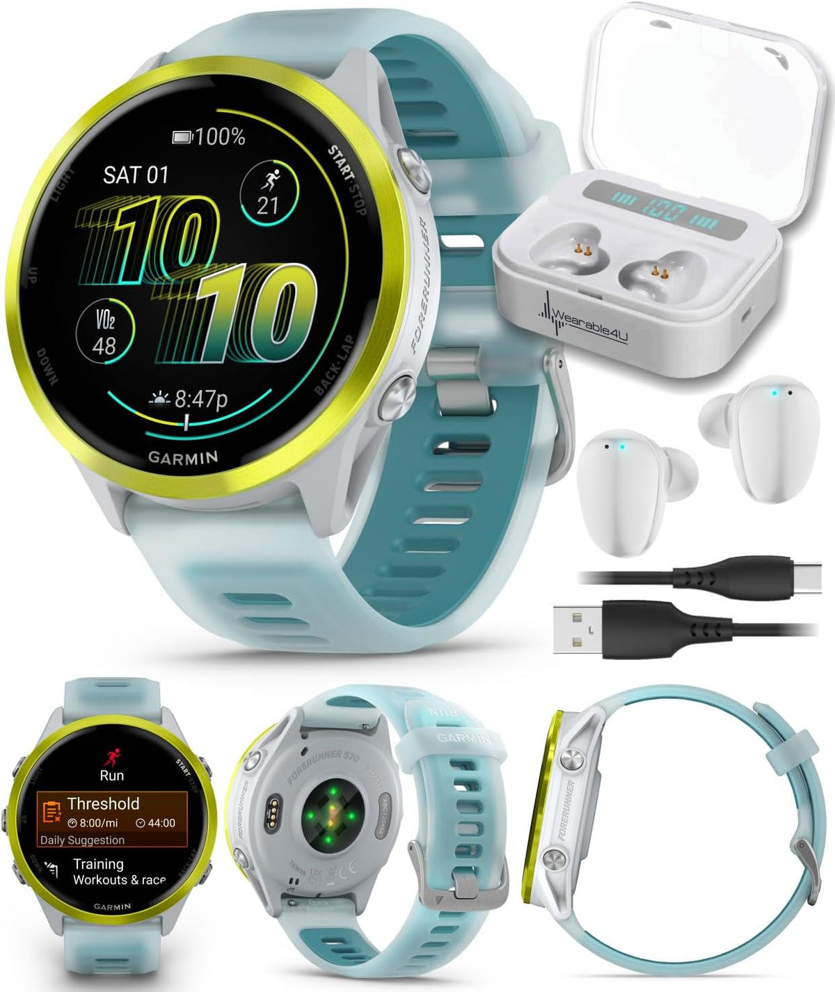 Garmin Forerunner 570 47mm Reloj inteligente avanzado para correr y triatlón GPS con pantalla AMOLED Pantalla de entrenamiento y recuperación Amplificador amarillo de aluminio con banda de piedra