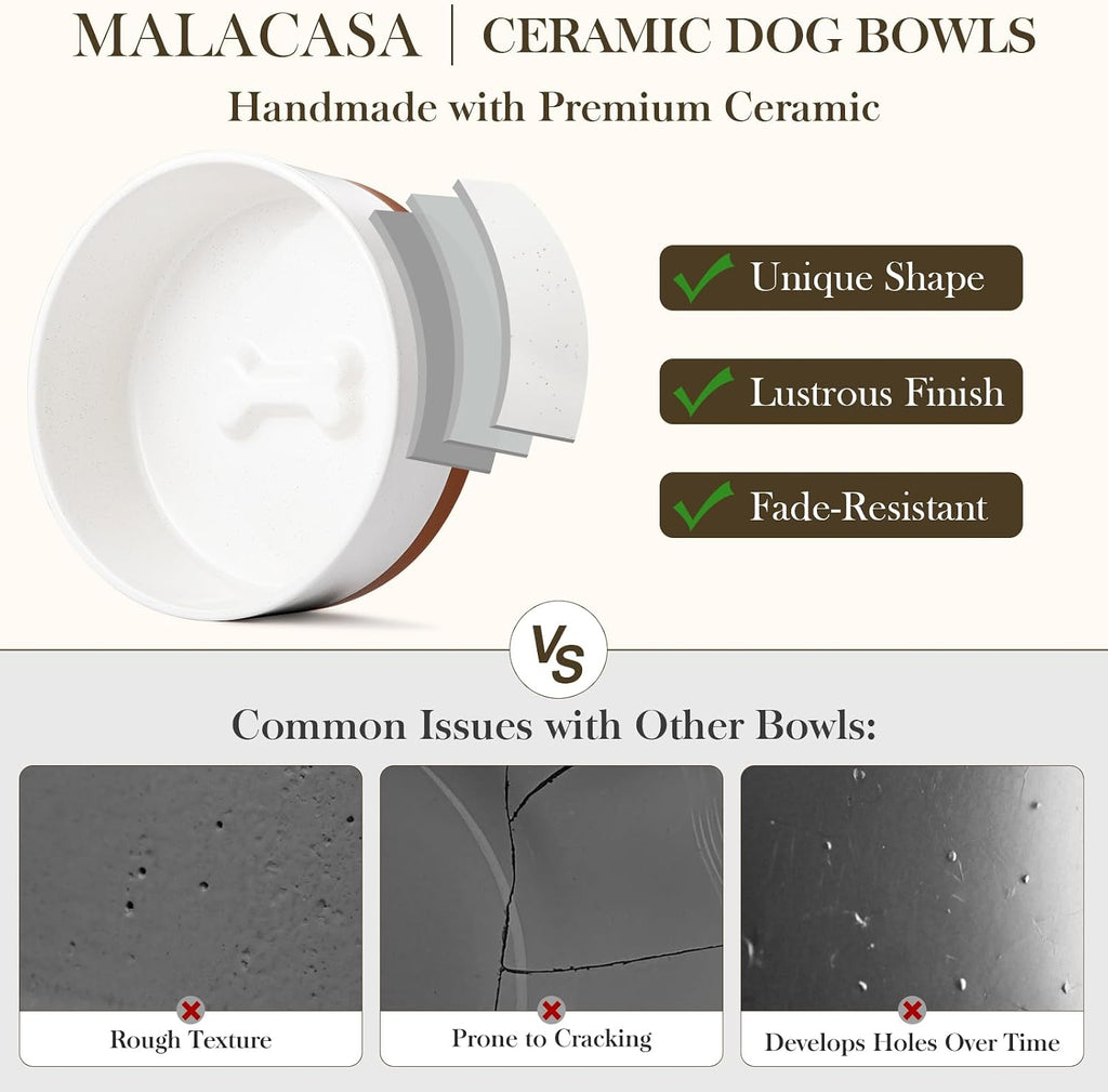 MALACASA Cuencos de cerámica para perros de tamaño pequeño con soporte de madera, cuencos de cerámica para cachorros de 1.5 tazas para gatos y perros pequeños, cuencos dobles para alimentos y agua con base antideslizante pesada, esmalte mate, 14 onzas