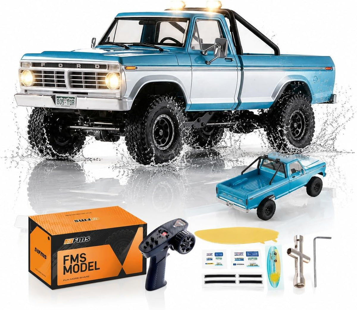 BEEZRC FMS FCX18 II Ford F-100 - Crawler con licencia oficial, camión magnético de liberación rápida a control remoto, chasis LCG, oruga de roca todoterreno para adultos, RTR cepillado (distancia