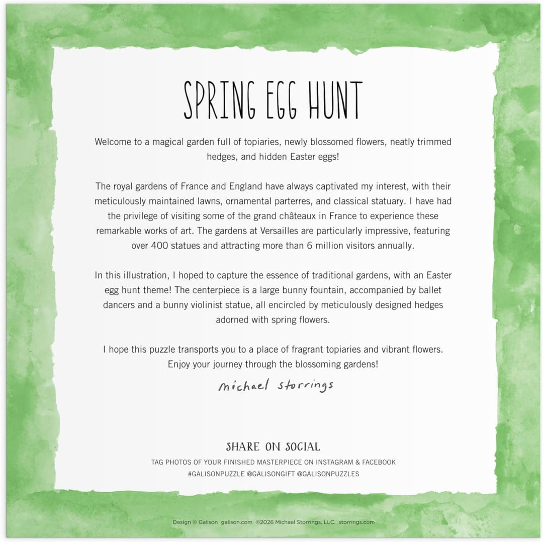 Galison Spring Egg Hunt - Rompecabezas de 500 piezas de Michael Storrings con hermosas obras de arte de una búsqueda de huevos de jardín de Pascua y primavera