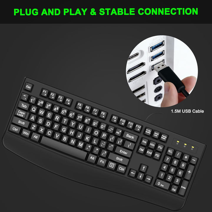 QUASIO Teclado de impresión grande, 2.4 G, ergonómico de tamaño com...