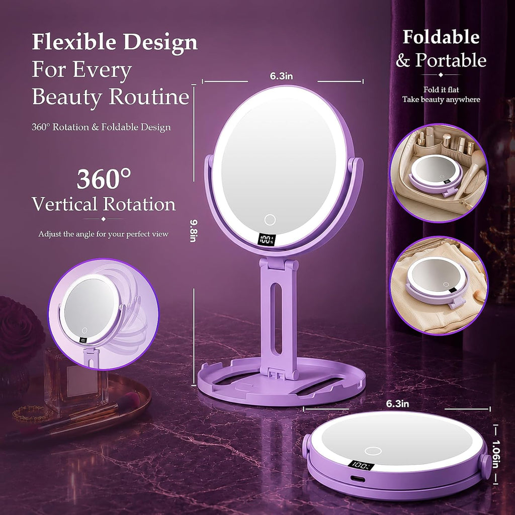 Espejo de maquillaje de viaje con luces, espejo de aumento de doble cara 1X