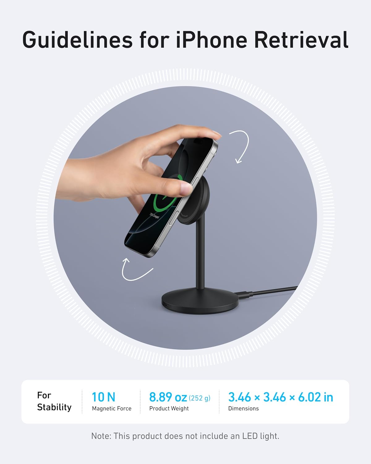 Anker MagSafe Charger, MagGo Qi2 15W Soporte de Carga Inalámbrica 360 Grados