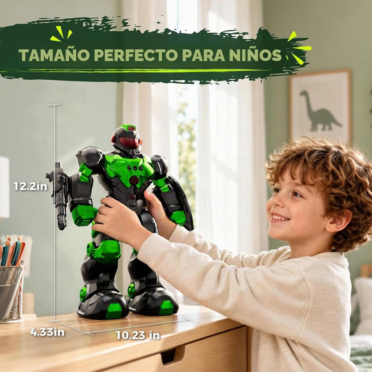 STEMTRON Robot de juguete para niños, robot programable de control remoto con detección inteligente de gestos, recarga, modo de canto y baile, lanzador (verde)