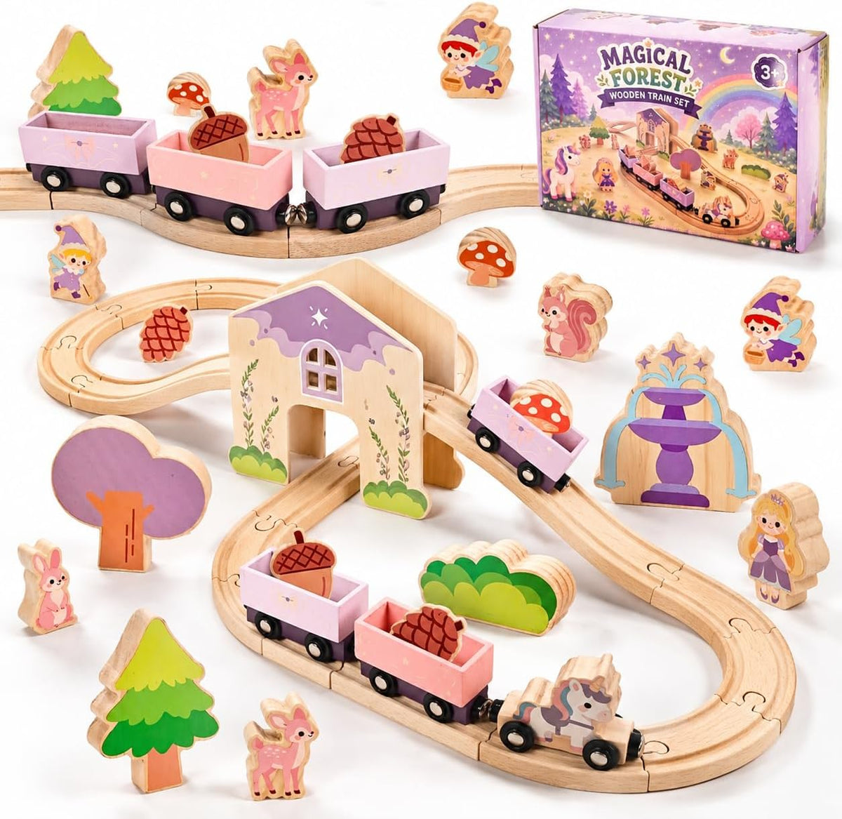 Juego de tren de madera para niñas, bosque mágico y tren de
