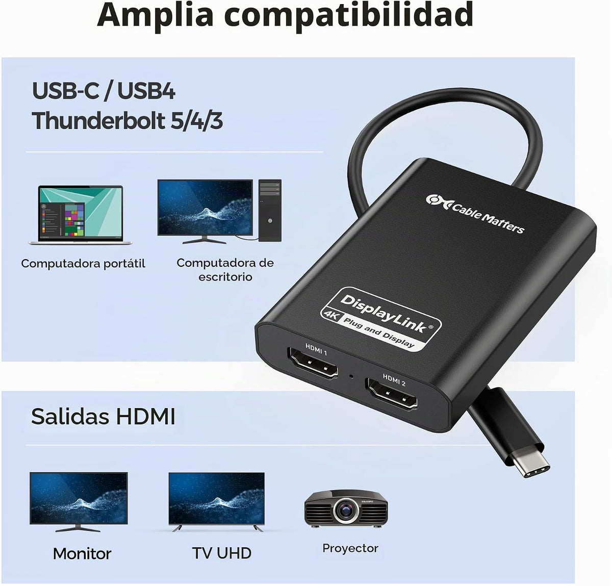 [Certificado DisplayLink] Adaptador Cable Matters USB C a HDMI dual